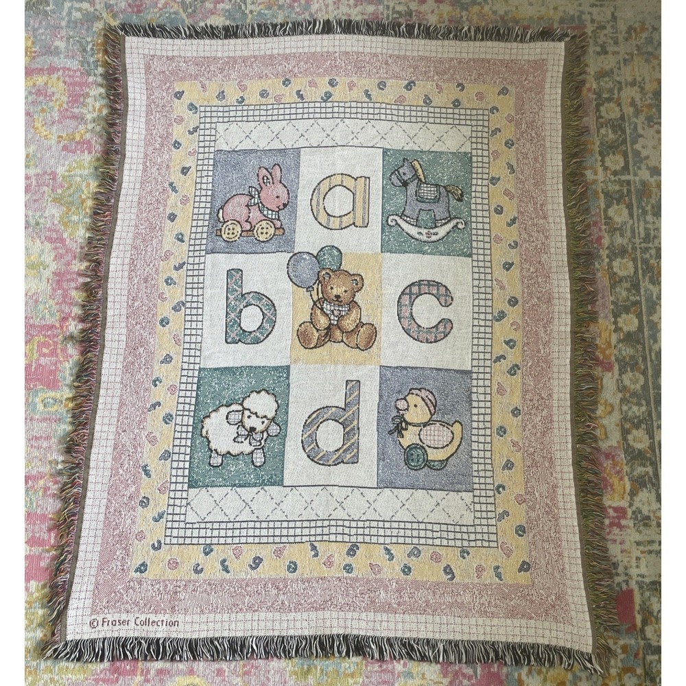 Vintage Fraser Collection Jacquard Weave Baby Blanket Tapestry Fringe ABC's